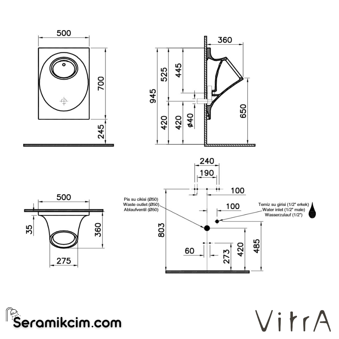 VitrA İstanbul Pisuvar  Temassız, Arkadan Su Girişli, Pilli, Beyaz - 4517B003-5300