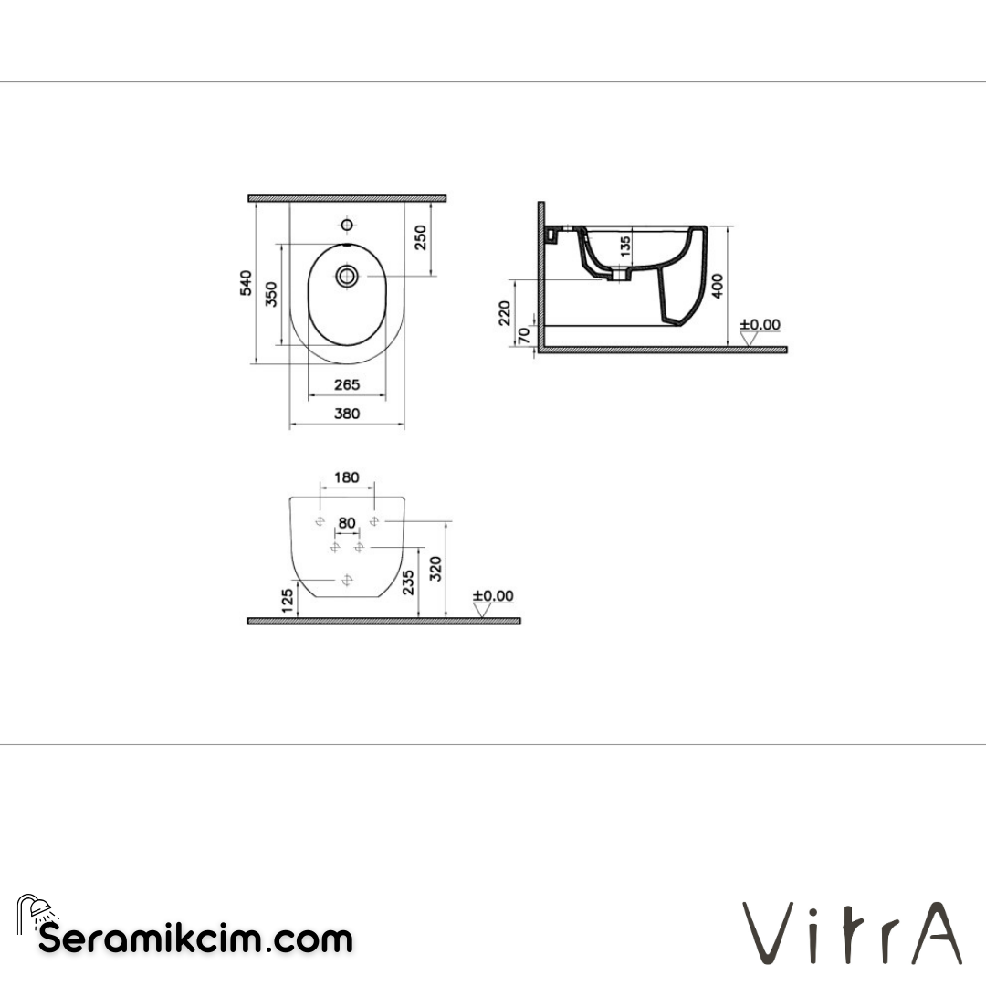 VitrA Liquid Asma Bide Gizli Montajlı, 54 cm Tek Armatür Delikli, Yanlardan Deliksiz, Clean, Beyaz - 7323B403-0288