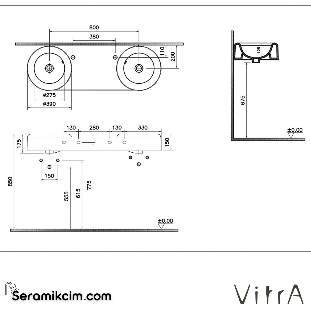 VitrA Liquid Lavabo 120x41 cm Tek Armatür Delikli, Su Taşma Delikli, Clean, Beyaz - 7313B403-0001