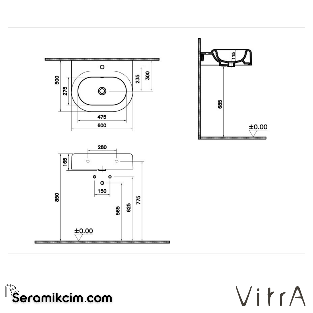 VitrA Liquid Lavabo 60x50 cm Tek Armatür Delikli, Su Taşma Delikli, Clean, Beyaz - 7316B403-0001