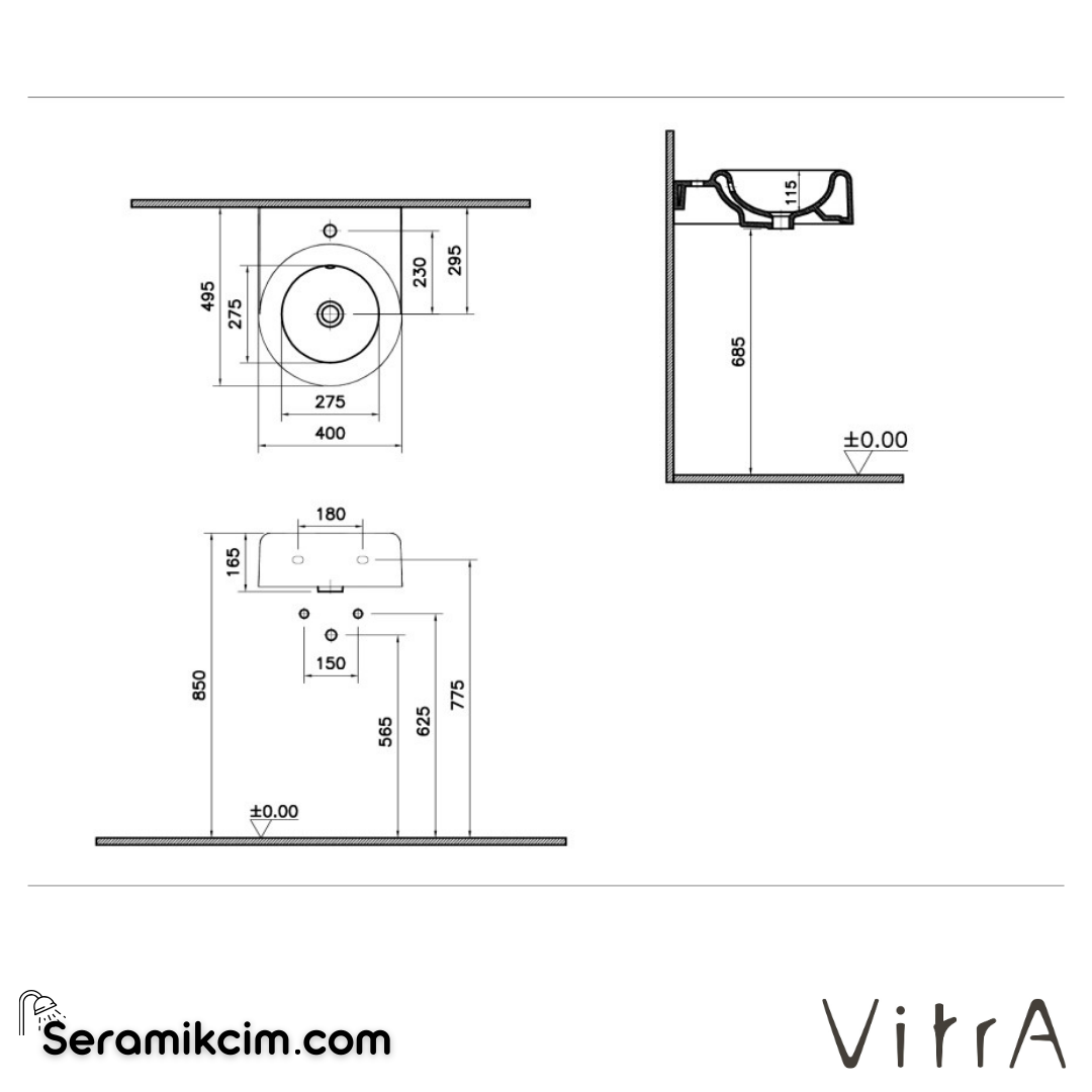 VitrA Liquid Lavabo Kompakt, 40x50 cm Tek Armatür Delikli, Su Taşma Delikli, Clean, Beyaz - 7317B403-0001