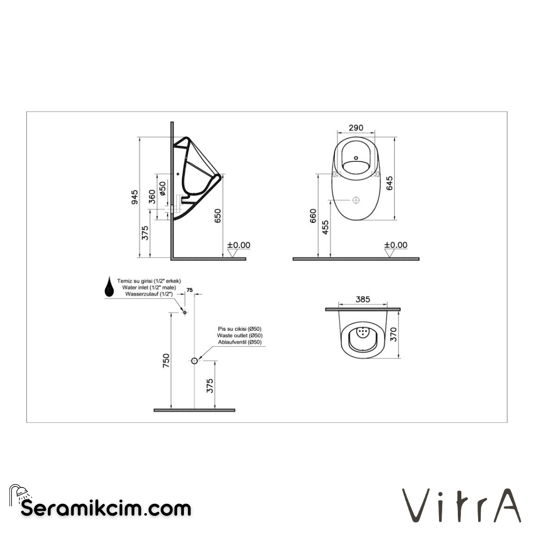 VitrA Liquid Pisuvar Rim-ex Temassız, Arkadan Su Girişli, Pilli, Beyaz - 7324B003-5330