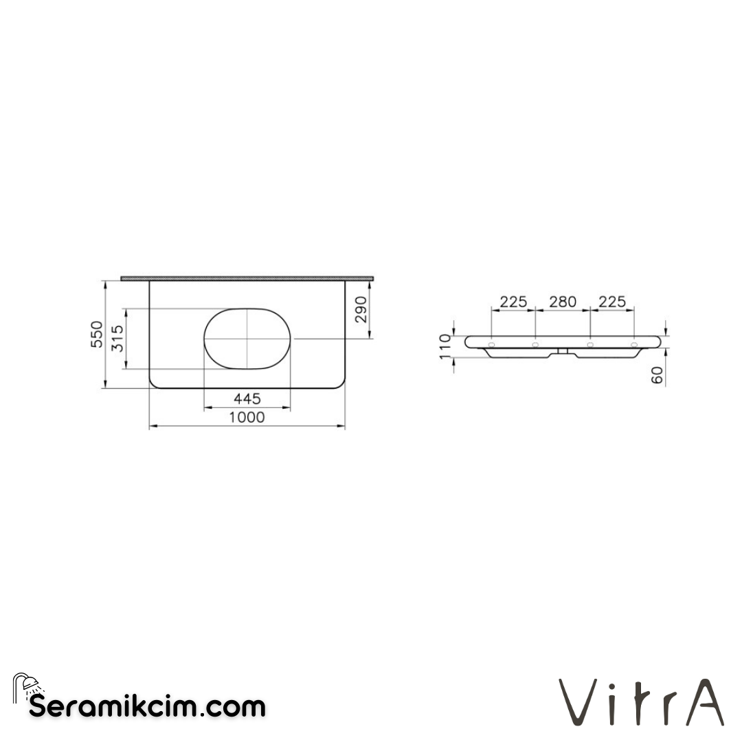VitrA Liquid Tezgah  100 cm, Oval Lavabo Delikli, Armatür Deliksiz, Clean, Beyaz - 7310B403-1904