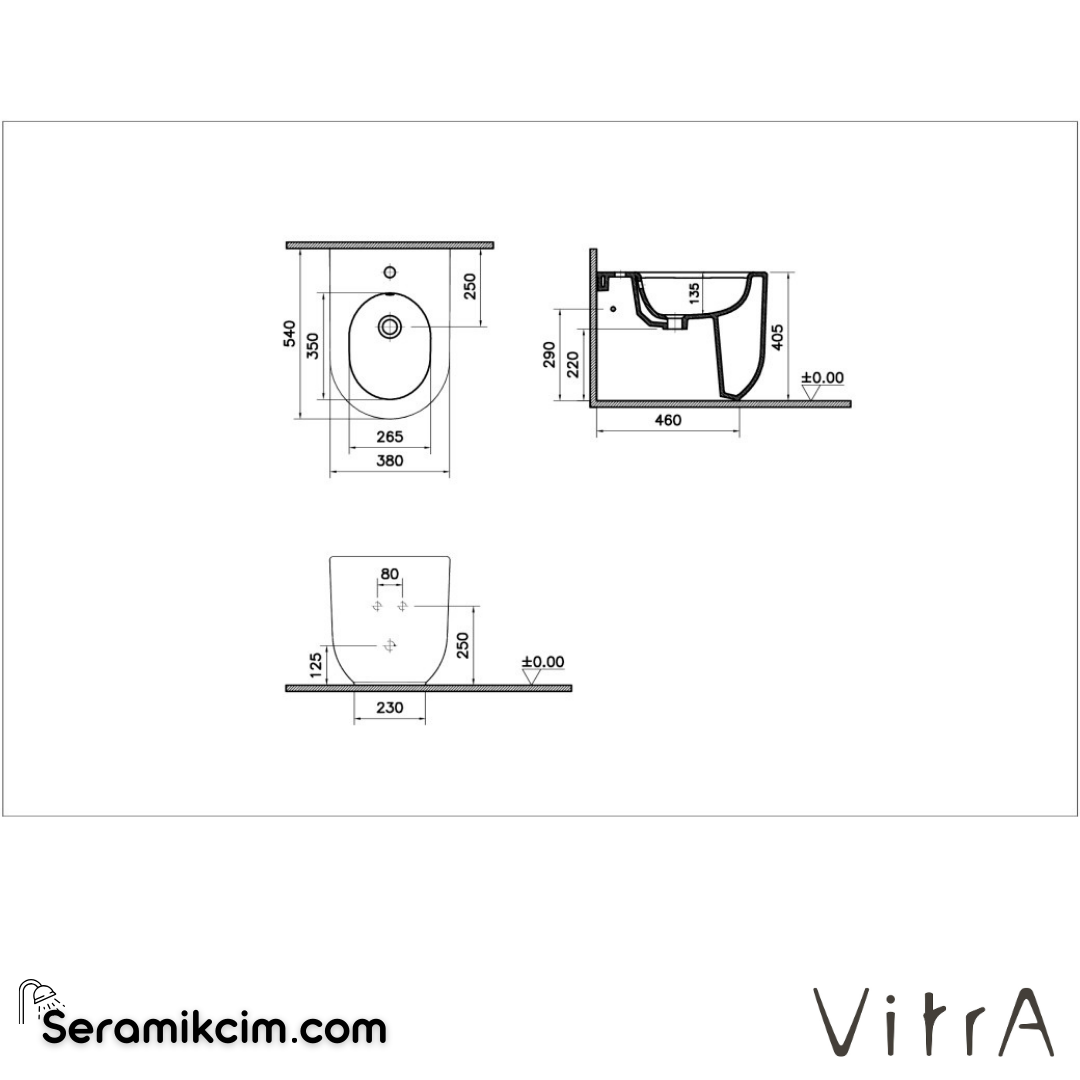 VitrA Liquid Yerden Bide Duvara Tam Dayalı, 54 cm Tek Armatür Delikli, Yanlardan Deliksiz, Clean, Beyaz - 7322B403-0288
