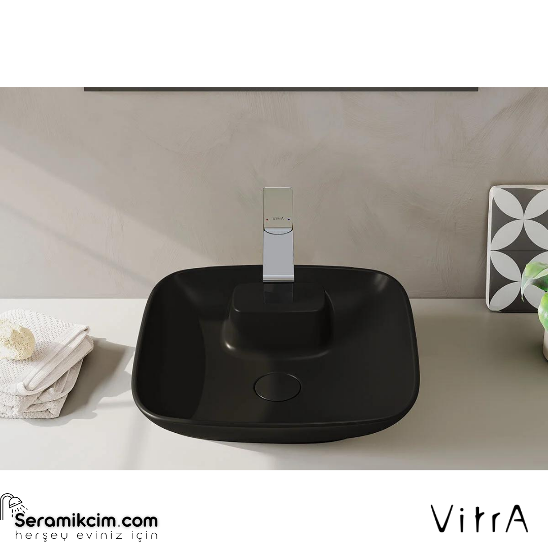 Vitra Memoria Çanak Lavabo Dikdörtgen, 45X45 Cm Tek Armatür Delikli, Su Taşma Deliksiz, Clean, Mat Siyah