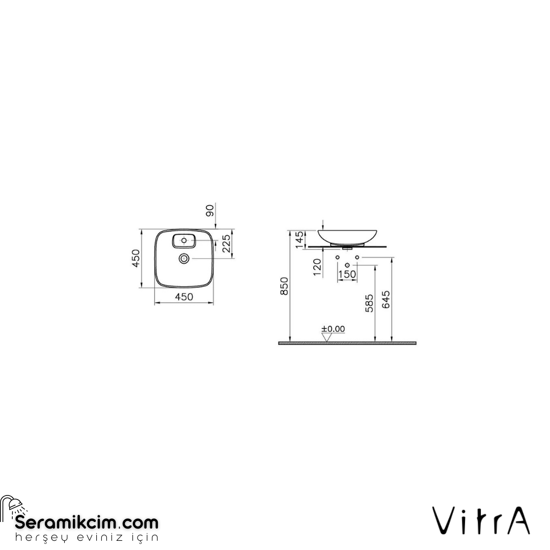 Vitra Memoria Çanak Lavabo Dikdörtgen, 45X45 Cm Tek Armatür Delikli, Su Taşma Deliksiz, Clean, Mat Beyaz