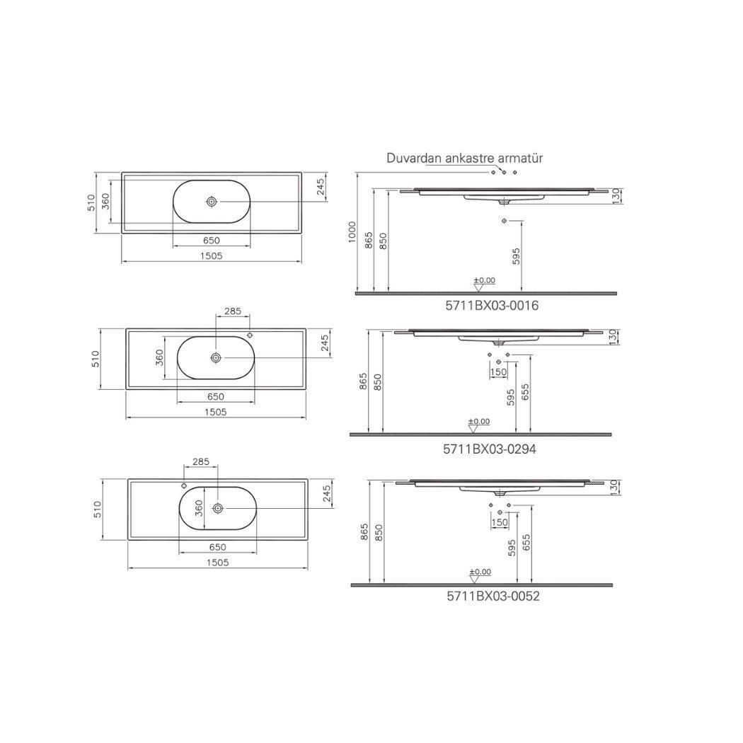 Vitra Memoria Etajerli Lavabo 150X51 Cm Armatür Deliksiz, Su Taşma Deliksiz, Clean, Beyaz - 5711B403-0016