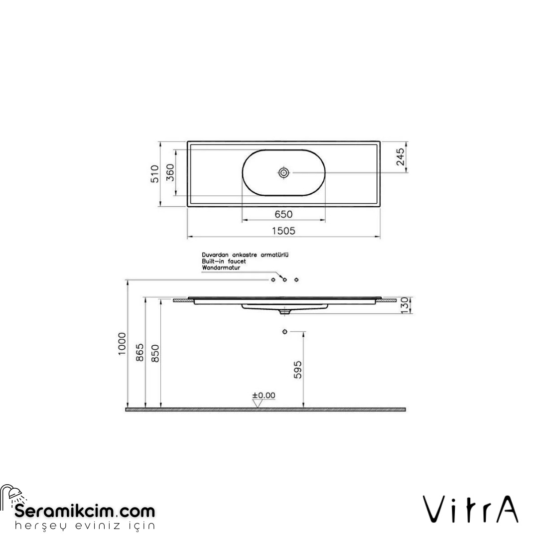 Vitra Memoria Etajerli Lavabo 150X51 Cm Sağdan Tek Armatür Delikli, Su Taşma Deliksiz, Clean, Beyaz