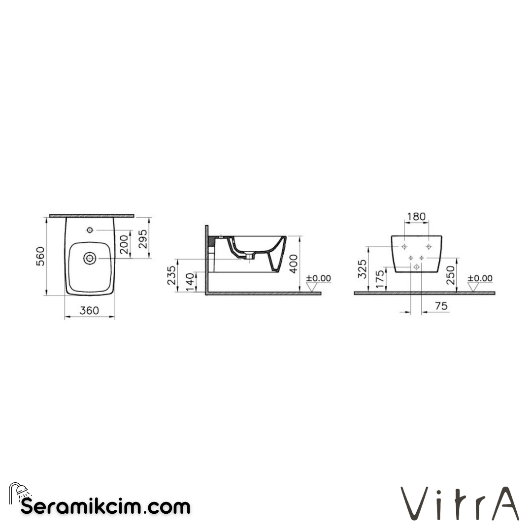 VitrA Metropole Asma Bide Gizli Montajlı, 56 cm Tek Armatür Delikli, Su Taşma Delikli, Yanlardan Deliksiz, Mat Beyaz - 5675B001-1046