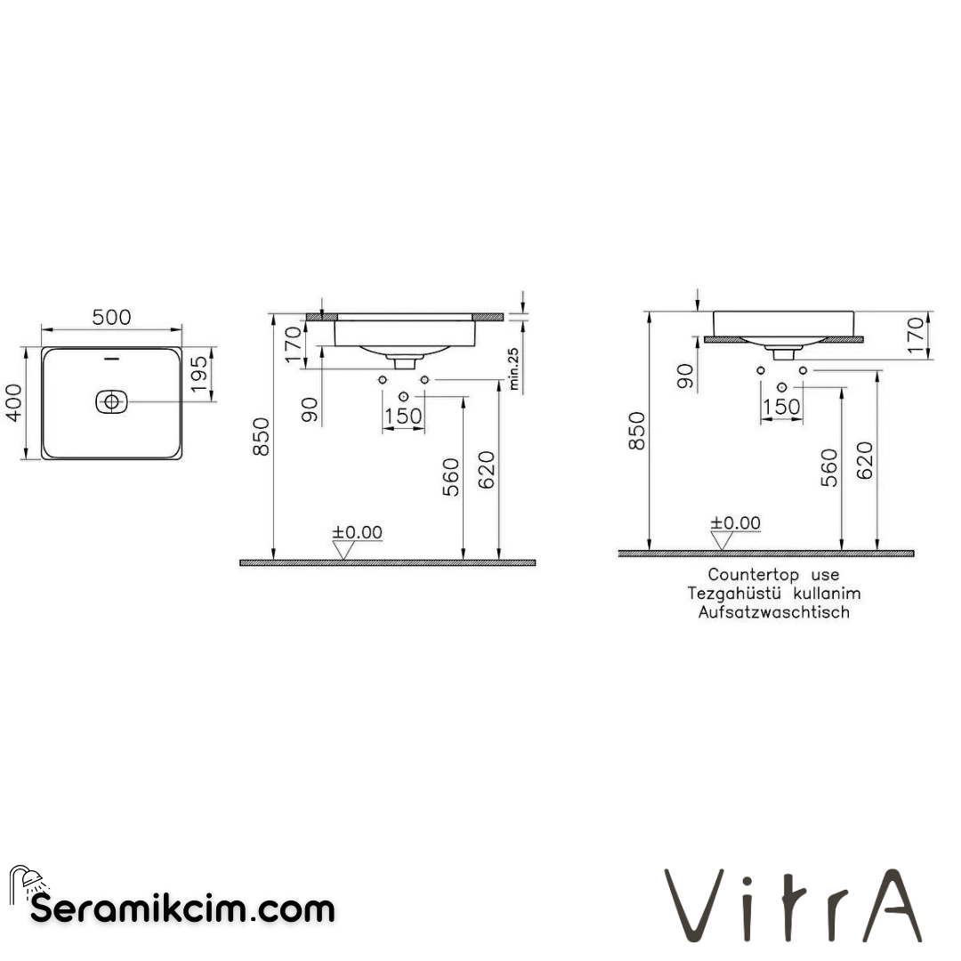 VitrA Metropole Çanak Lavabo Dikdörtgen, 50x40 cm Armatür Deliksiz, Su Taşma Delikli, Taupe - 7534B020-0673