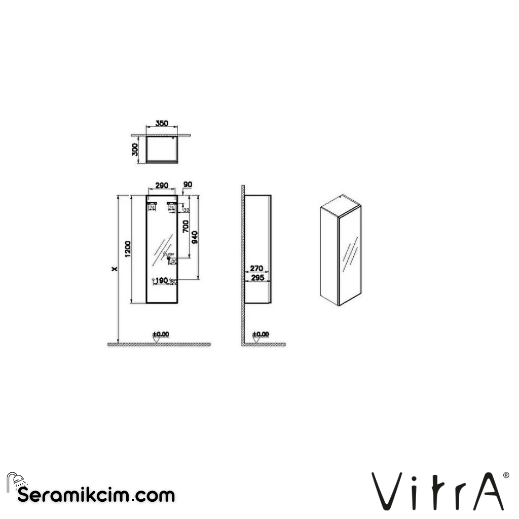 VitrA Metropole Edge Boy Dolabı 35 cm, cam kapaklı, kısa ceviz, sağ 67253 - 67253