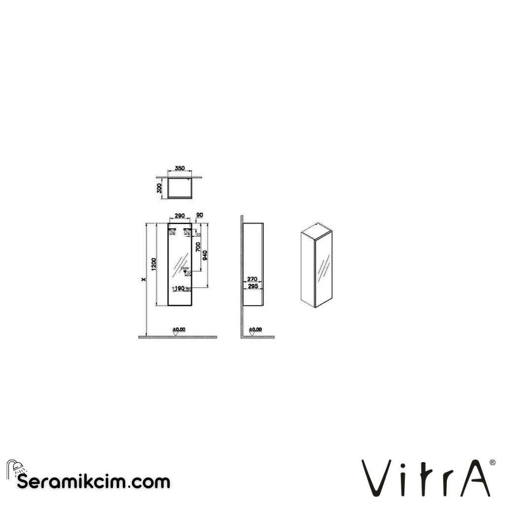 VitrA Metropole Edge Boy Dolabı 35 cm, cam kapaklı, kısa siyah meşe, sağ 67259 - 67259
