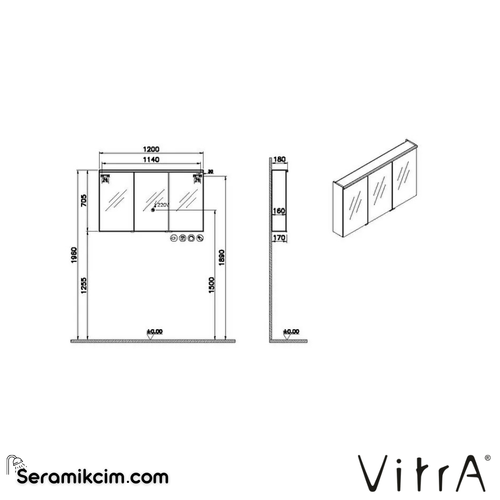 VitrA Metropole Edge Dolaplı Ayna 100 cm, aydınlatmalı sensörlü, ceviz 67166 - 67166