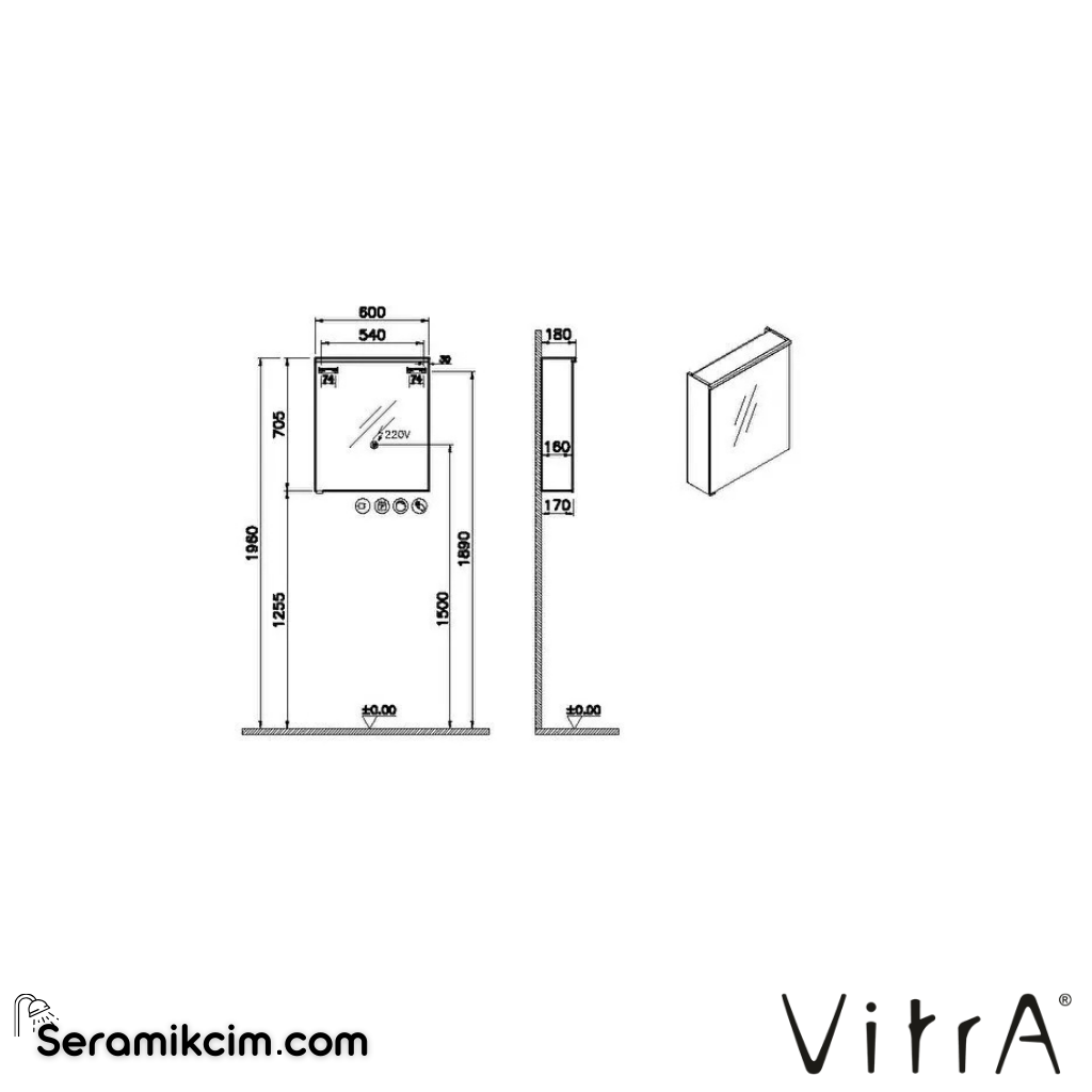 VitrA Metropole Edge Dolaplı Ayna 60 cm, aydınlatmalı sensörlü, açık meşe, sol 67145 - 67145