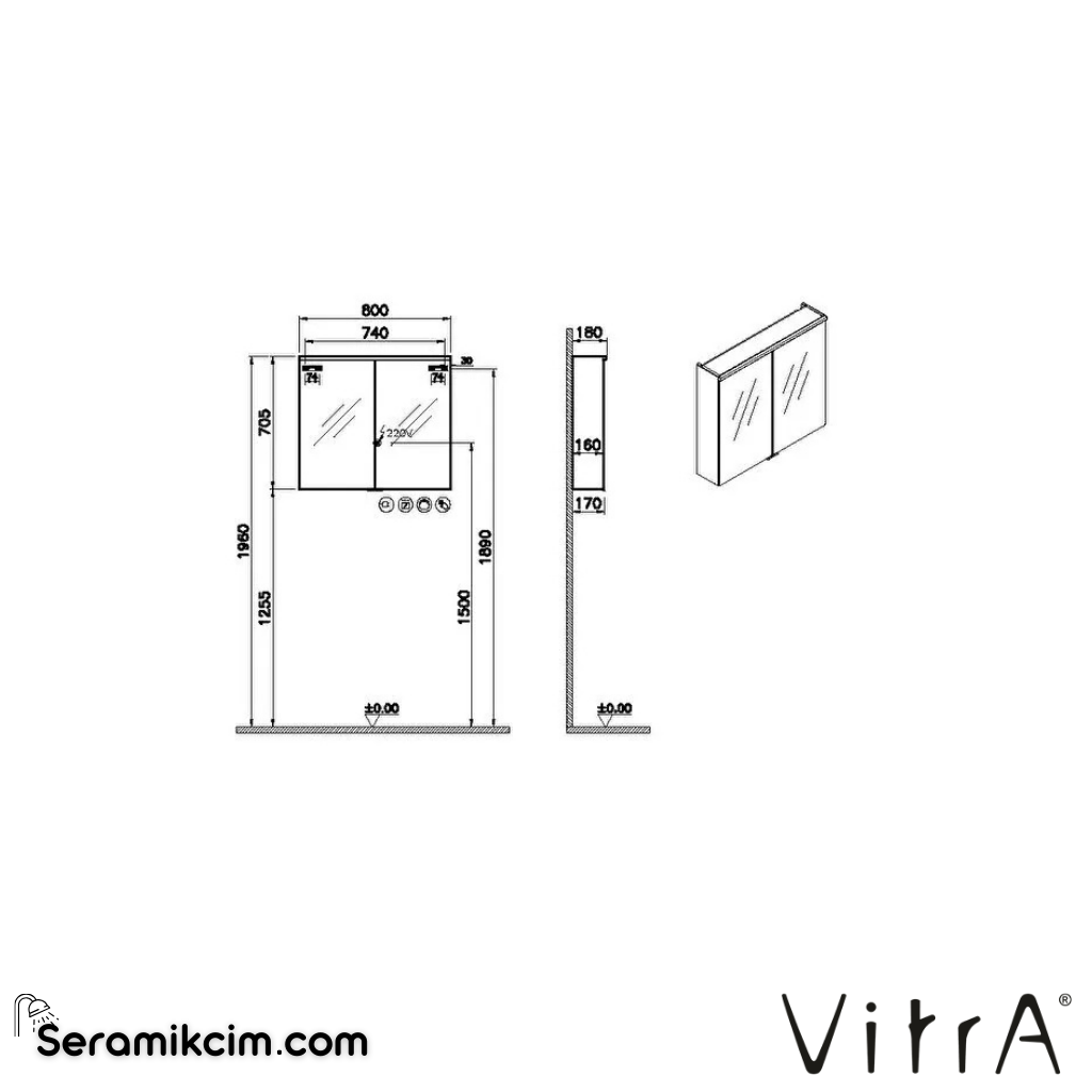 VitrA Metropole Edge Dolaplı Ayna 80 cm, aydınlatmalı sensörlü, ceviz 67165 - 67165