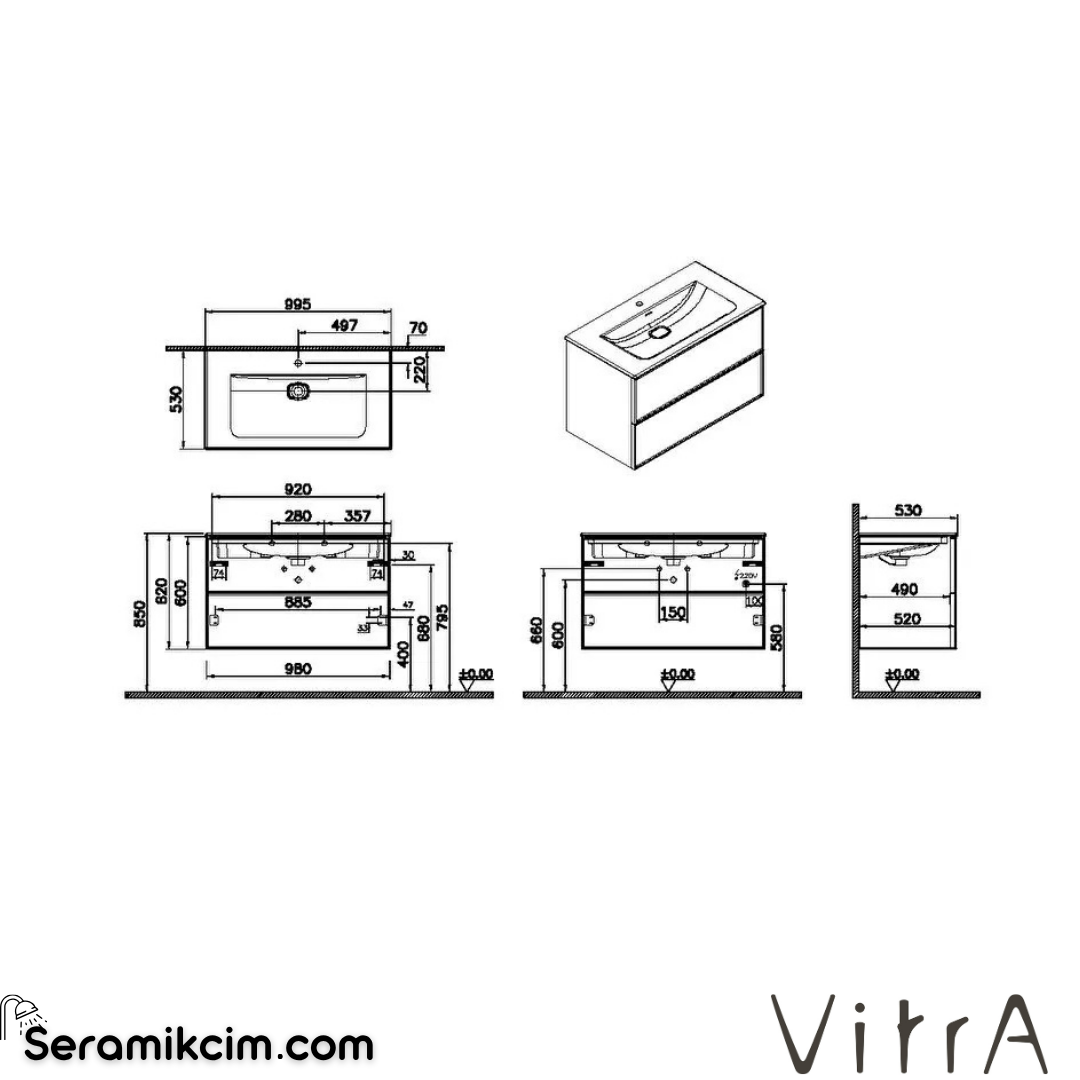 VitrA Metropole Edge Lavabo Dolabı 100 cm, iki çekmeceli etajerli lavabolu, siyah meşe 67194