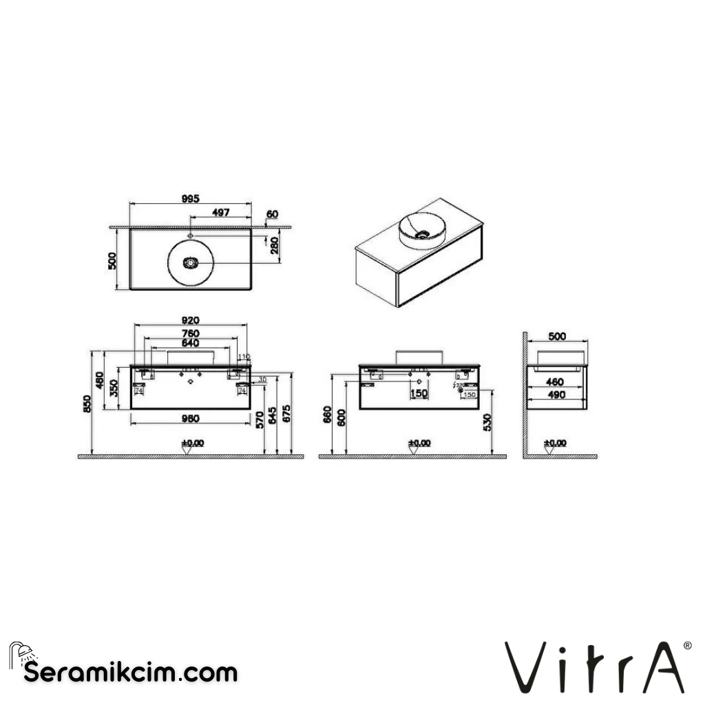 VitrA Metropole Edge Lavabo Dolabı 100 cm, bir çekmeceli mat beyaz çanak lavabolu ve seramik tezgahlı, siyah meşe 67352 - 67352