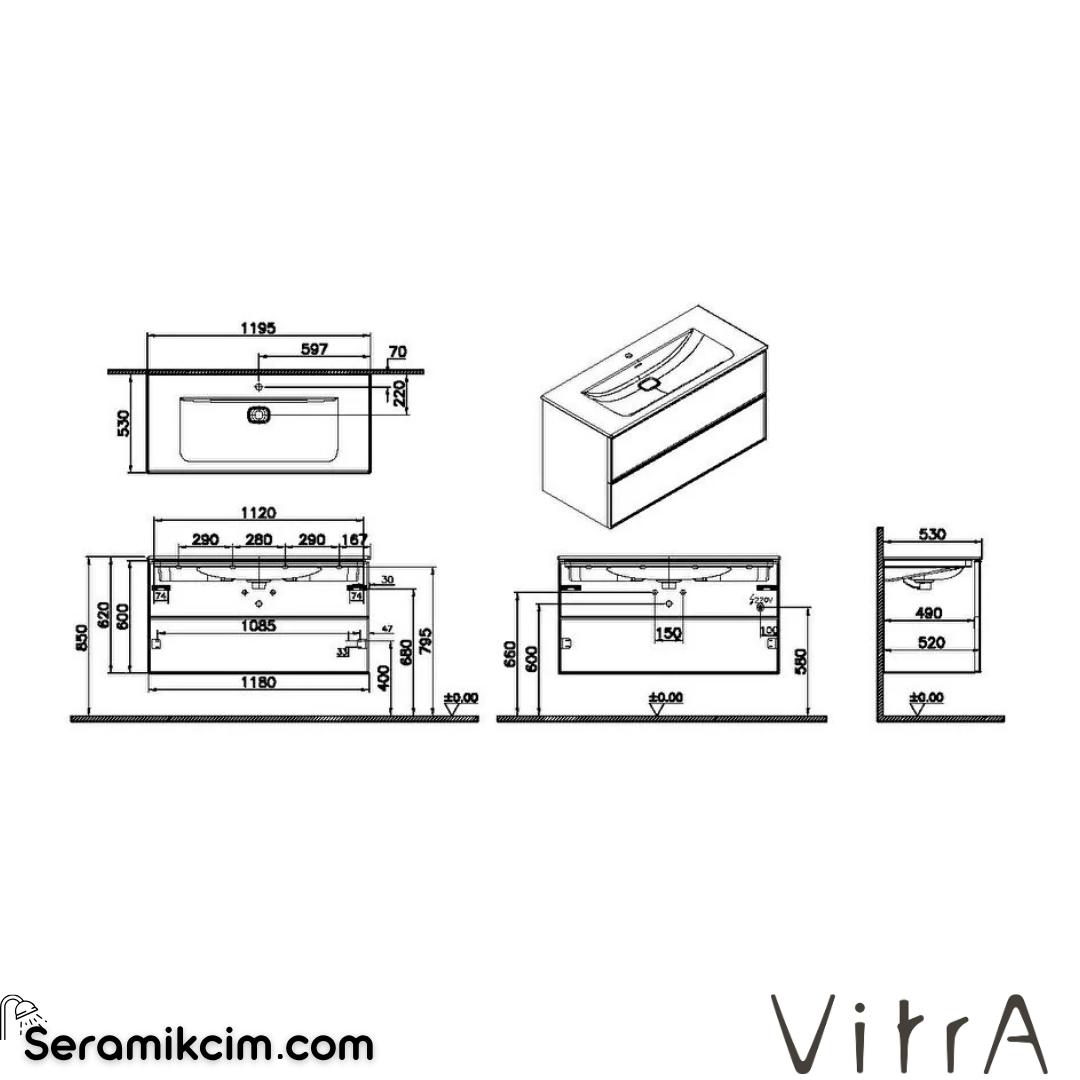 VitrA Metropole Edge Lavabo Dolabı 120 cm, iki çekmeceli etajerli lavabolu, açık meşe 67138