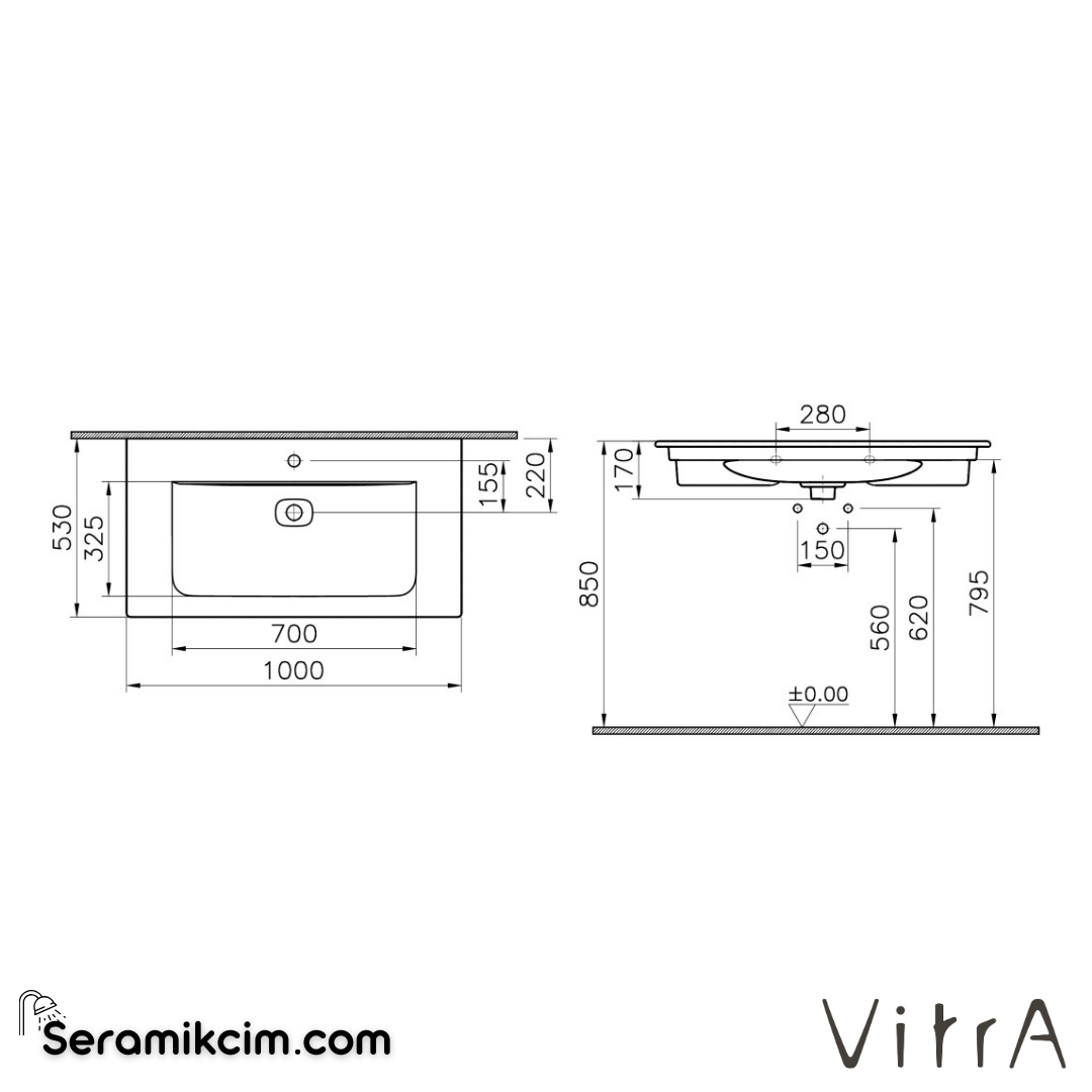 VitrA Metropole Etajerli Lavabo 100x53 cm Tek Armatür Delikli, Su Taşma Delikli, Mat Taş Gri - 7539B076-0001