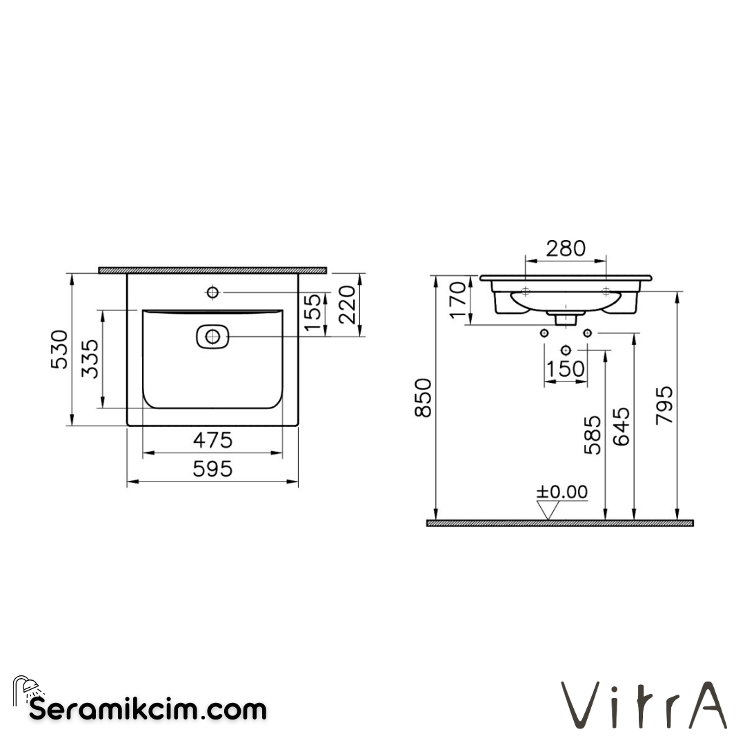 VitrA Metropole Etajerli Lavabo 60x53 cm Tek Armatür Delikli, Su Taşma Delikli, Mat Beyaz - 7537B001-0001