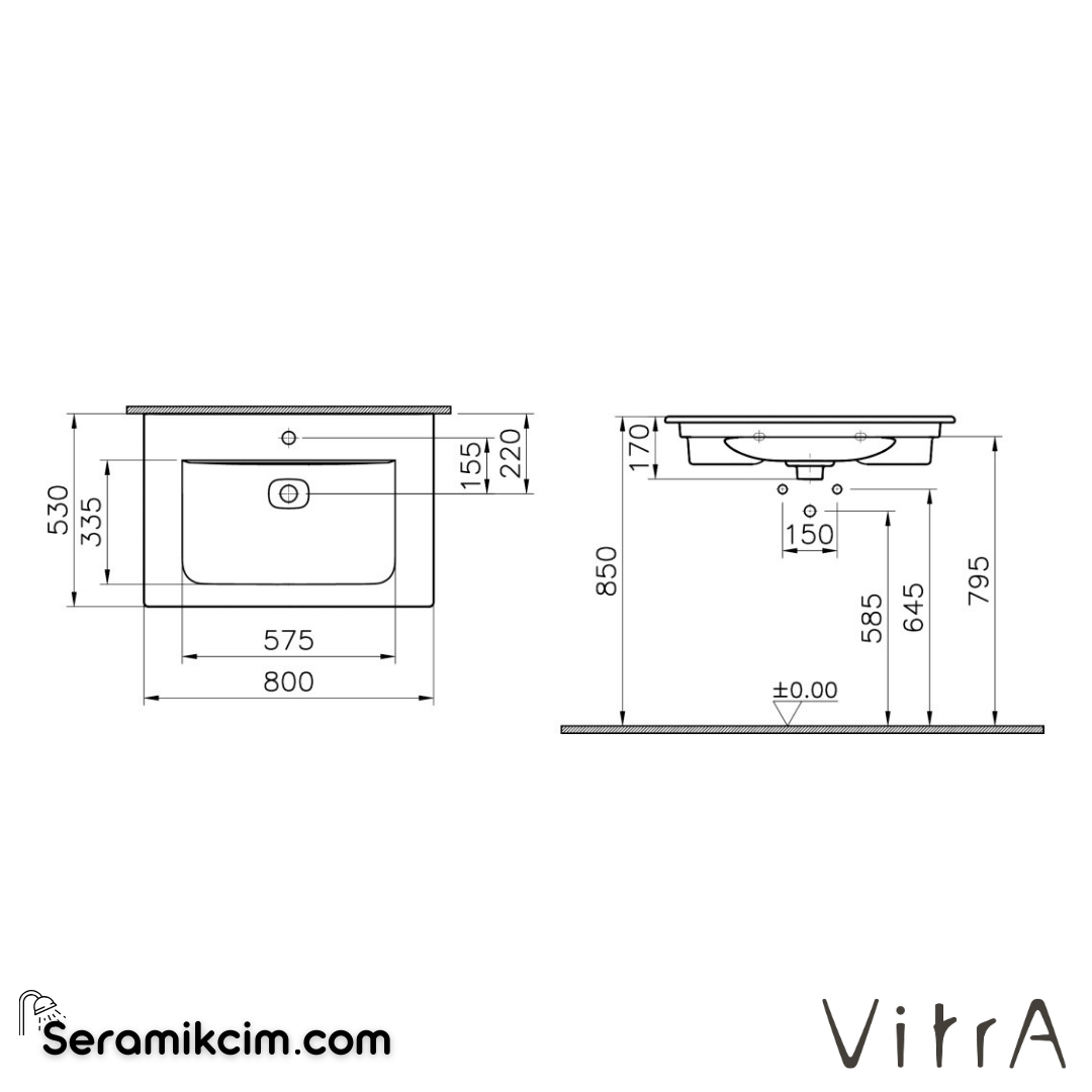 VitrA Metropole Etajerli Lavabo 80x53 cm Tek Armatür Delikli, Su Taşma Delikli, Mat Beyaz - 7538B001-0001