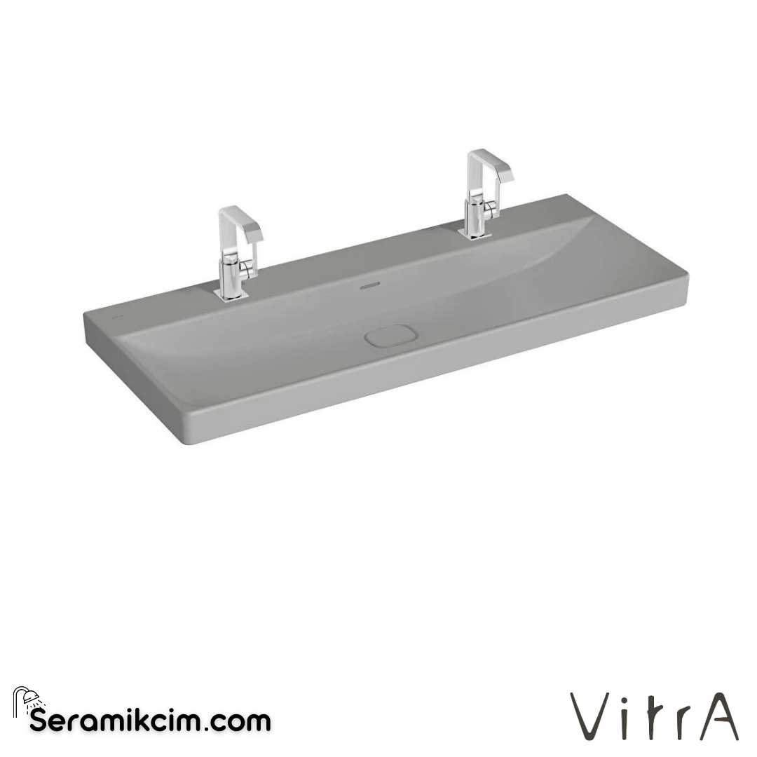 VitrA Metropole Lavabo 120x47 cm Çift Armatür Delikli, Su Taşma Delikli, Mat Taş Gri - 7530B076-0001