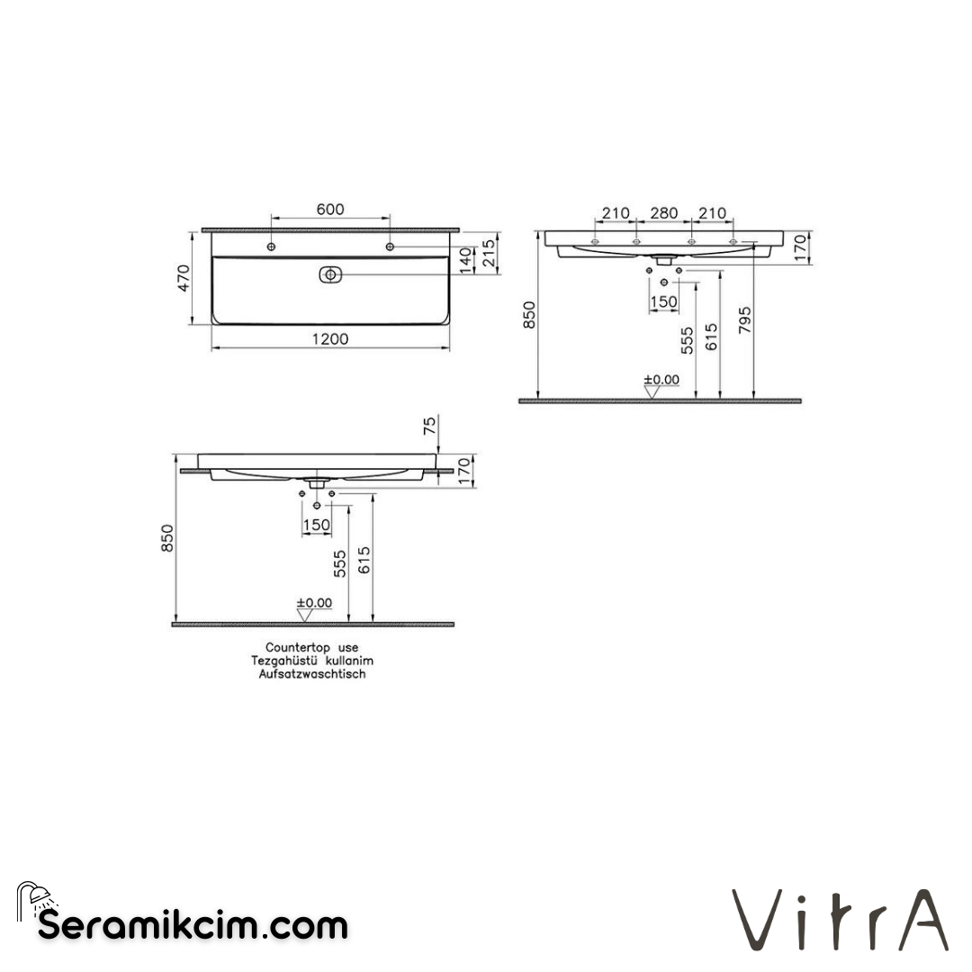 VitrA Metropole Lavabo 120x47 cm Çift Armatür Delikli, Su Taşma Delikli, Mat Siyah - 7530B083-0001