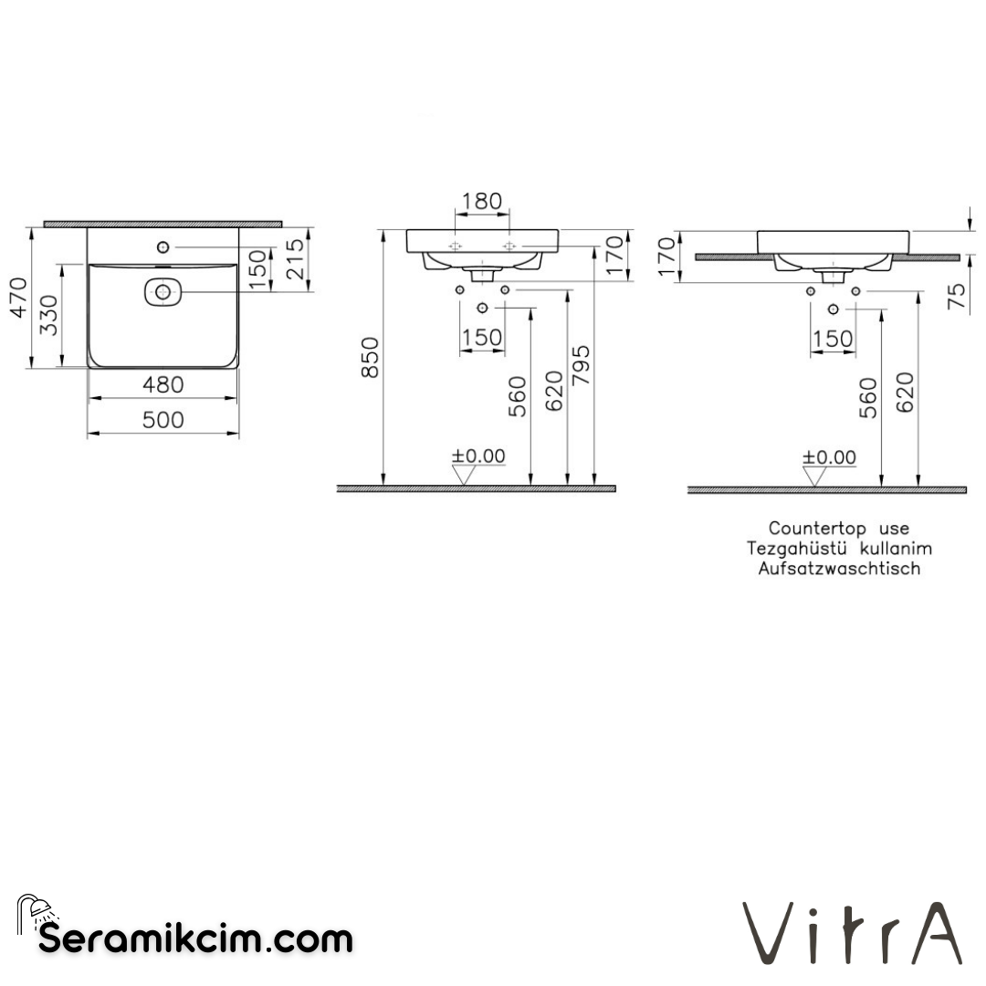 VitrA Metropole Lavabo 50x47 cm Tek Armatür Delikli, Su Taşma Delikli, Mat Beyaz - 7525B001-0001