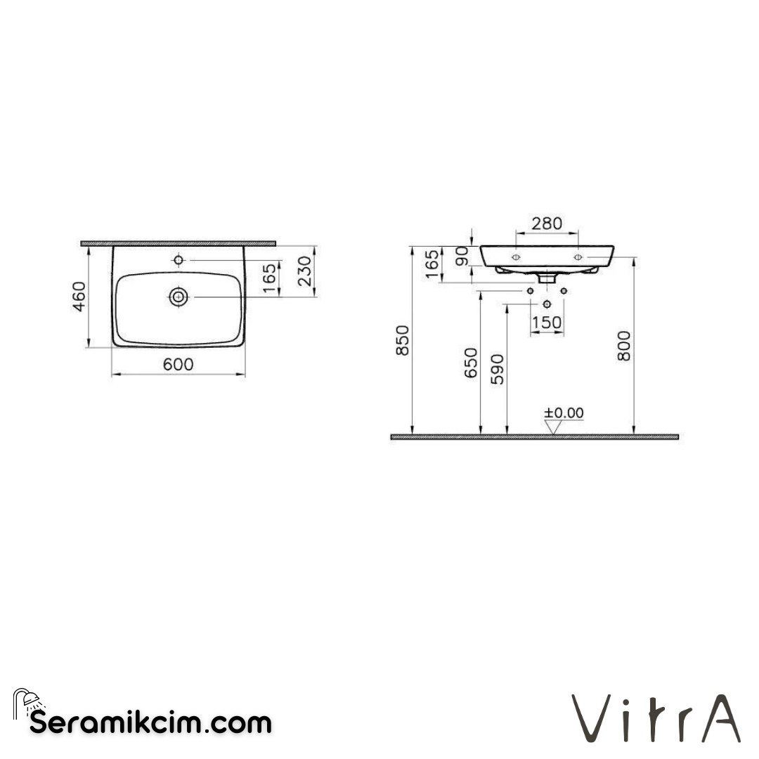 VitrA Metropole Lavabo 60x46 cm Tek Armatür Delikli, Su Taşma Delikli, Beyaz - 5662B003-0001