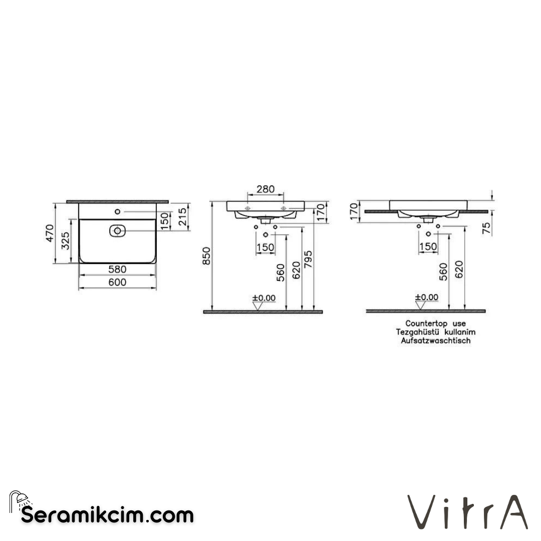 VitrA Metropole Lavabo 60x47 cm Tek Armatür Delikli, Su Taşma Delikli, Mat Beyaz - 7526B001-0001