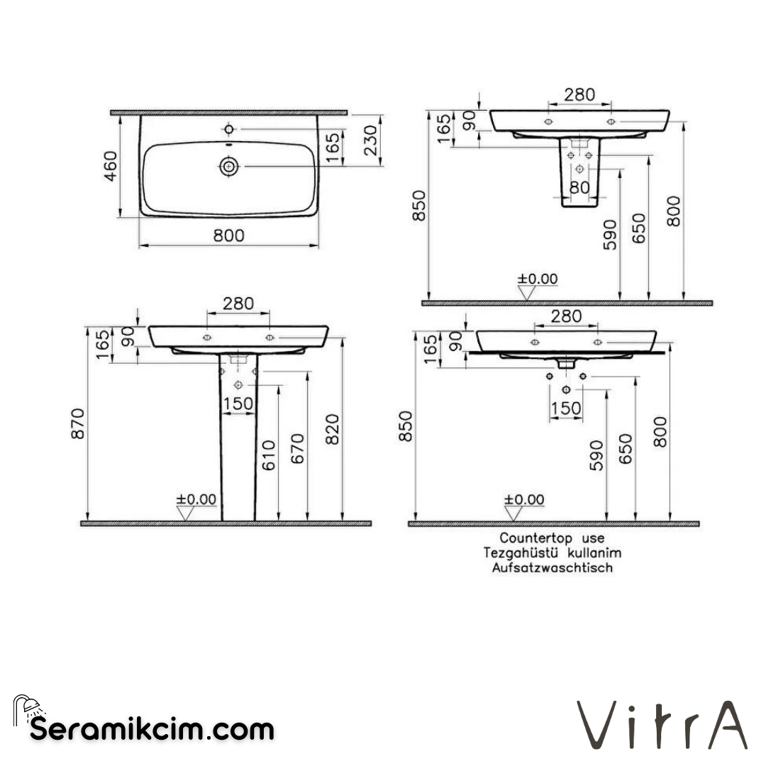 VitrA Metropole Lavabo 80x46 cm Tek Armatür Delikli, Su Taşma Delikli, Beyaz - 5663B003-0001