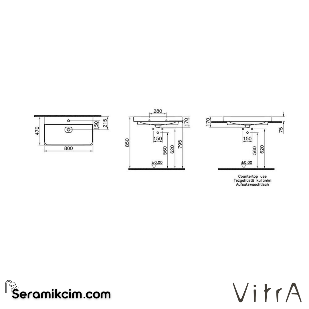 VitrA Metropole Lavabo 80x47 cm Tek Armatür Delikli, Su Taşma Delikli, Mat Taş Gri - 7527B076-0001