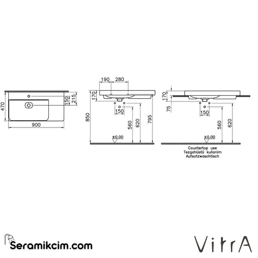 VitrA Metropole Lavabo 90x47 cm Tek Armatür Delikli, Su Taşma Delikli, Beyaz - 7528B003-0001
