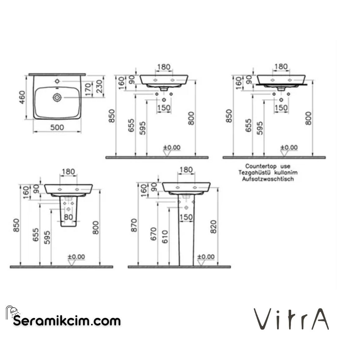 VitrA Metropole Lavabo Kompakt, 50x46 cm Tek Armatür Delikli, Su Taşma Delikli, Beyaz - 5661B003-0001