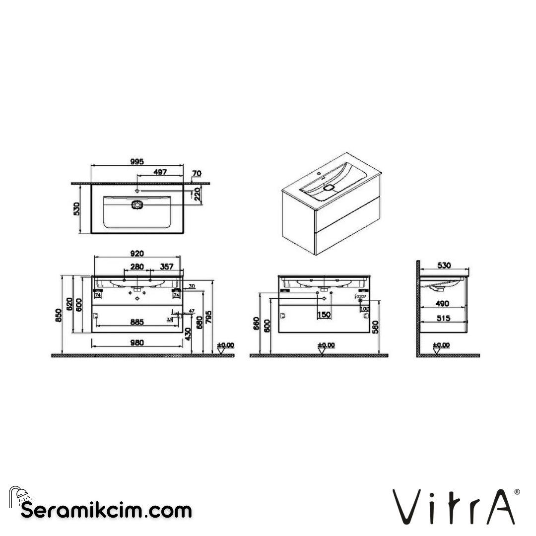 VitrA Metropole Pure Lavabo Dolabı 100 cm, iki çekmeceli etajerli lavabolu, parlak beyaz 67337 - 67337