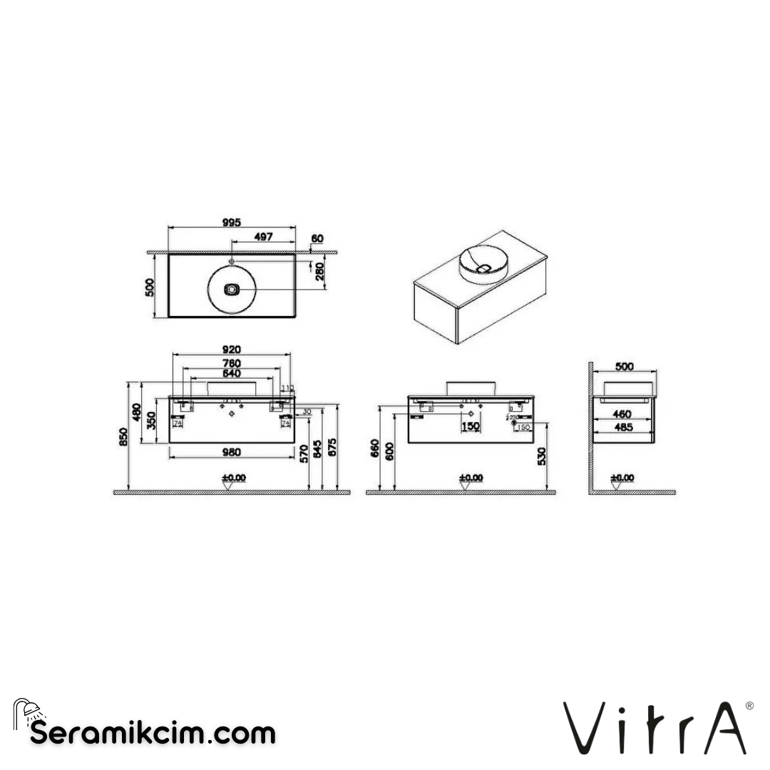 VitrA Metropole Pure Lavabo Dolabı 100 cm, bir çekmeceli çanak lavabolu ve seramik tezgahlı, mat açık gri 67217 - 67217