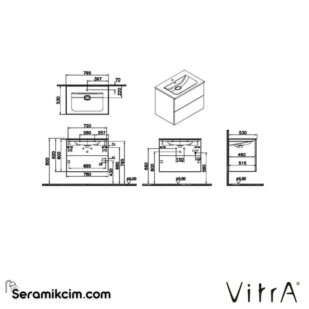 VitrA Metropole Pure Lavabo Dolabı 80 cm, iki çekmeceli etajerli lavabolu, mat açık gri 67213 - 67213