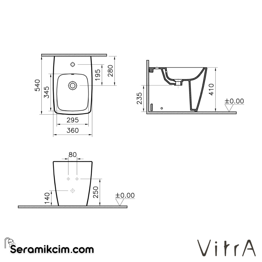 VitrA Metropole Yerden Bide Duvara Tam Dayalı, 54 cm Tek Armatür Delikli, Su Taşma Delikli, Yanlardan Deliksiz, Beyaz - 5659B003-0288