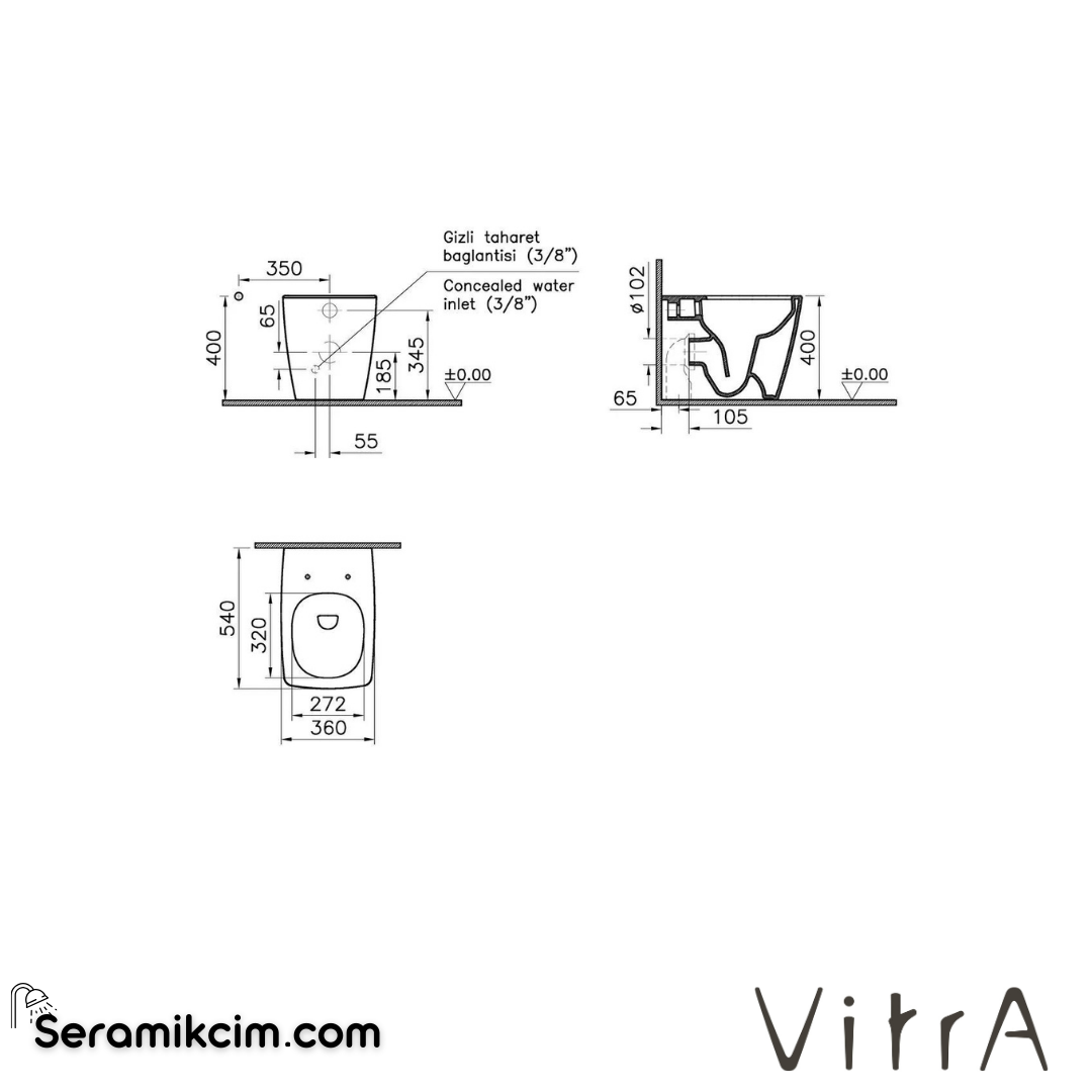 VitrA Metropole Yerden Klozet Rim-ex, Duvara Tam Dayalı, 54 cm Taharet Borulu, Taharet Borusu Girişi Sıva Altı Uygulamalı, Siyah - 7670B070-0090