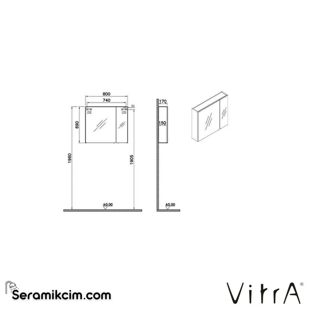 VitrA Mia Asimetrik Dolaplı Ayna 80 cm parlak antrasit 67705 - 67705