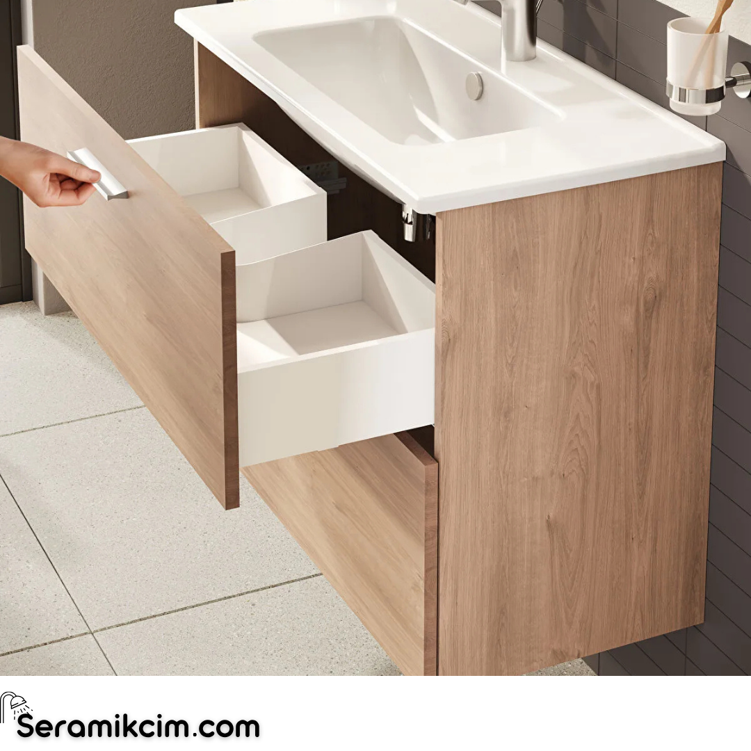 Vitra Mia Banyo Dolabı Set, 80 cm, Çekmeceli, (Lavabo Dolabı, Aydınlatmalı Ayna), Altın Meşe 67093