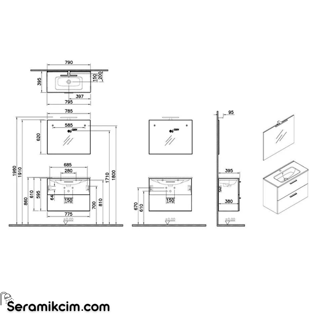 Vitra Mia Banyo Dolabı Set, 80 cm, Çekmeceli, (Lavabo Dolabı, Aydınlatmalı Ayna), Altın Meşe 67093