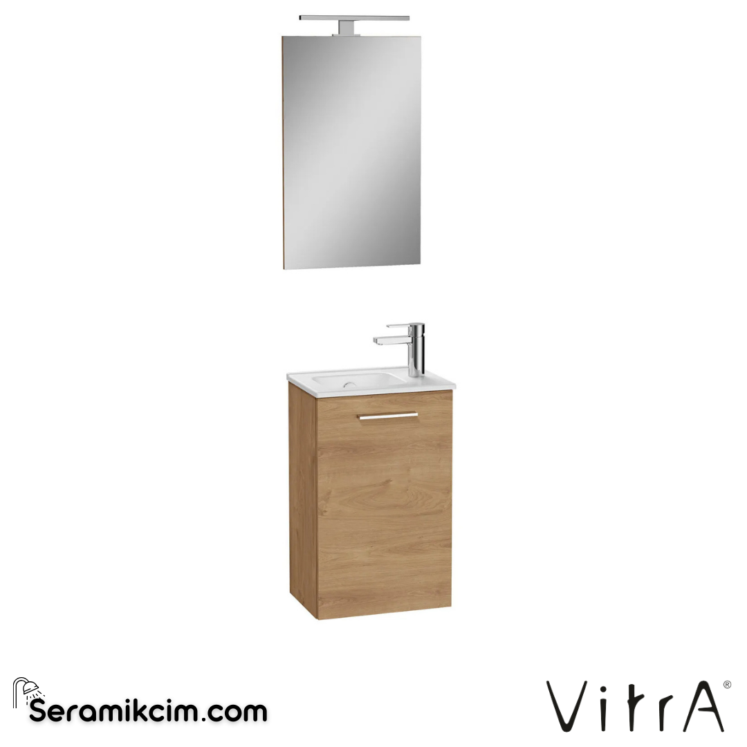 VitrA Mia Banyo Dolabı Seti 40 cm, kapaklı lavabo dolabı, aydınlatmalı düz ayna, altın meşe 69565 - 69565