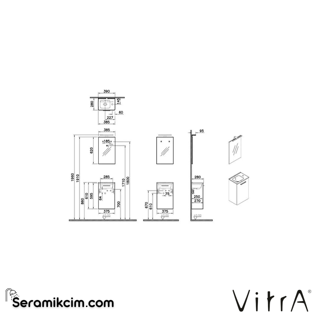 VitrA Mia Banyo Dolabı Seti 40 cm, kapaklı lavabo dolabı, aydınlatmalı düz ayna, altın meşe 69565 - 69565