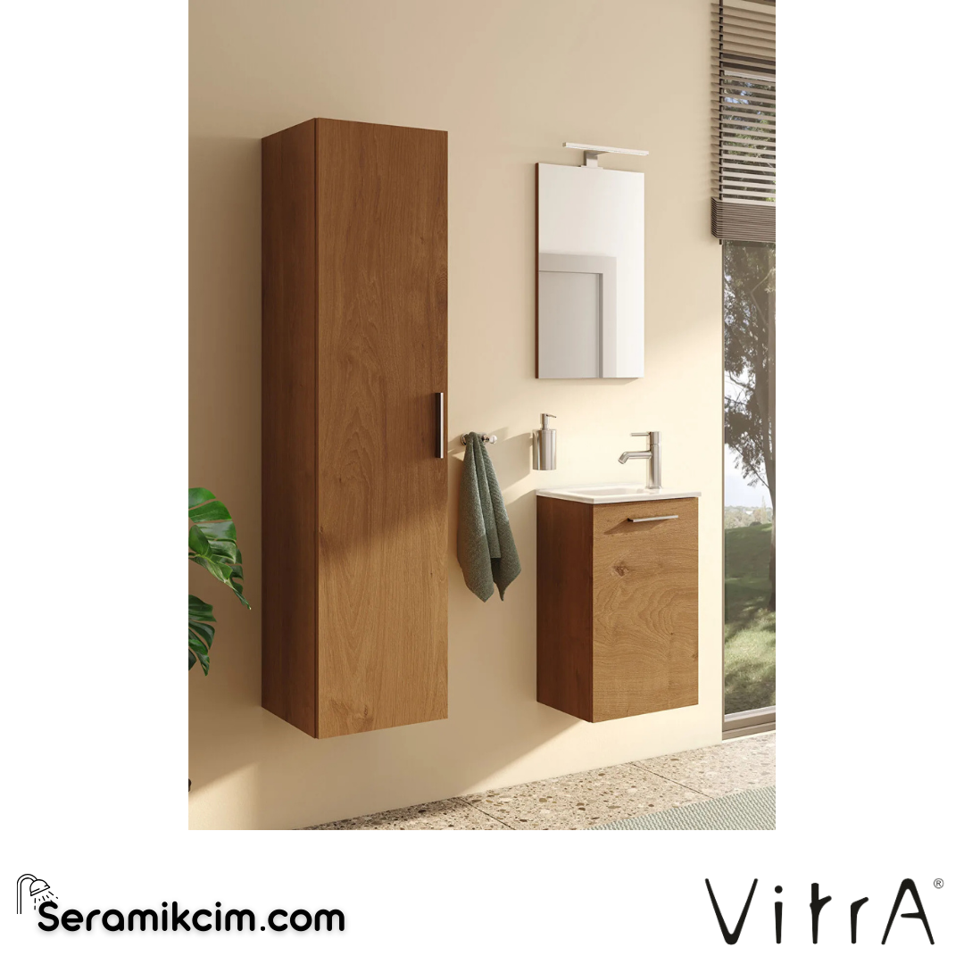 VitrA Mia Banyo Dolabı Seti 40 cm, kapaklı lavabo dolabı, aydınlatmalı düz ayna, altın meşe 69565 - 69565