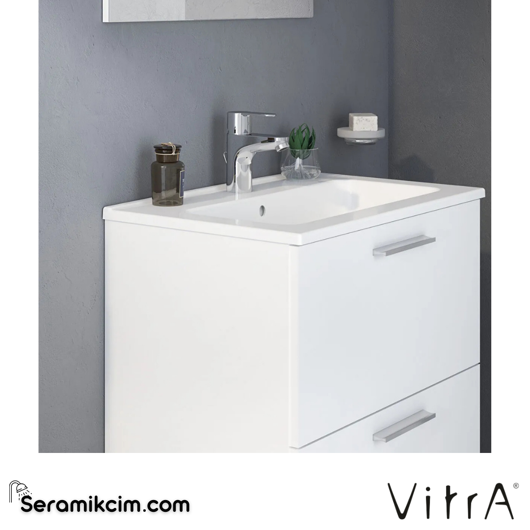 VitrA Mia Banyo Dolabı Seti 60 cm, iki çekmeceli lavabo dolabı, aydınlatmalı düz ayna, parlak beyaz 75021 - 75021