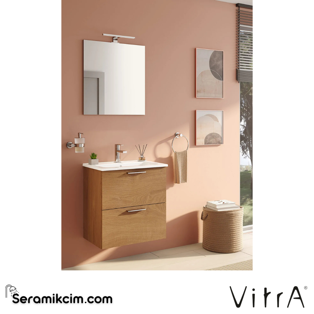 VitrA Mia Banyo Dolabı Seti 60 cm, iki çekmeceli lavabo dolabı, aydınlatmalı düz ayna, altın meşe 67092 - 67092