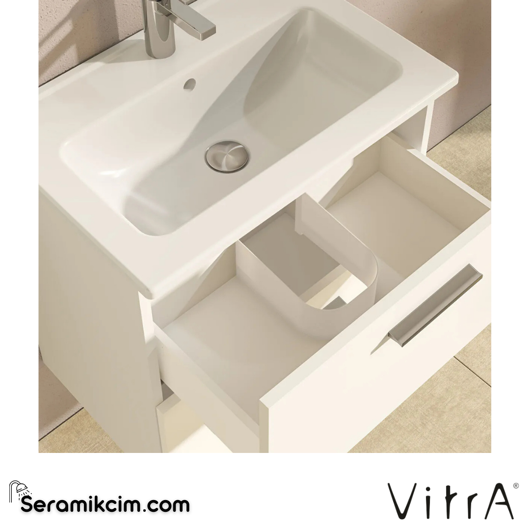 VitrA Mia Banyo Dolabı Seti 60 cm, iki çekmeceli lavabo dolabı, aydınlatmalı düz ayna, parlak beyaz 75021 - 75021