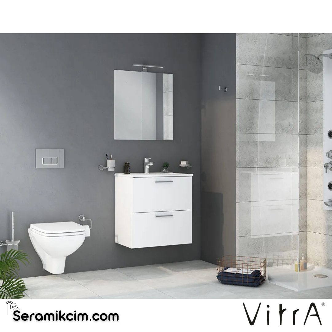 VitrA Mia Banyo Dolabı Seti 60 cm, iki çekmeceli lavabo dolabı, aydınlatmalı düz ayna, parlak beyaz 75021 - 75021