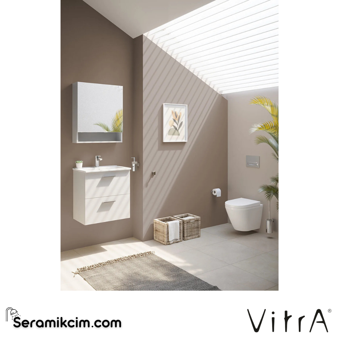 VitrA Mia Banyo Dolabı Seti 60 cm, iki çekmeceli lavabo dolabı, raflı dolaplı ayna, parlak beyaz 66049 - 66049